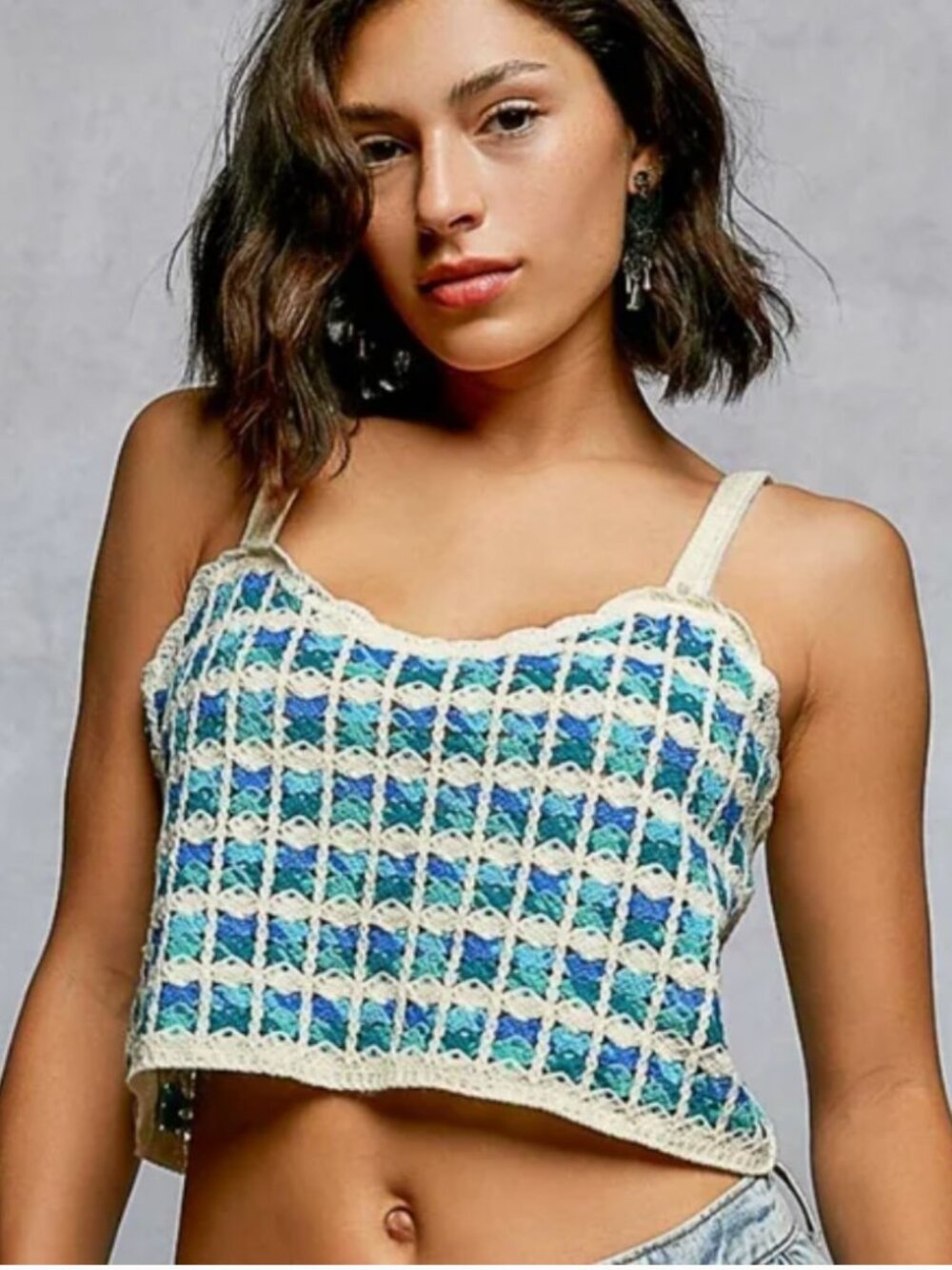 POL Crochet Crop Tank Blue Multi Boho Sleeveless Top OS